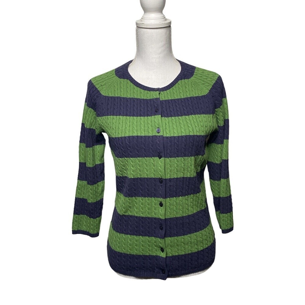Ll Bean Cardigan Sweater Size ? Medium Women Green Blue Button Front Striped